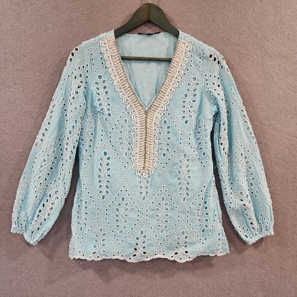 Boston Proper Eyelet Embellished Tunic Top Womens XS Aqua Blue Beaded Vneck